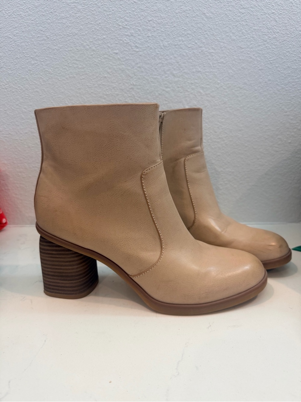 Women's Beige Block Heel Ankle Boots Korks 11